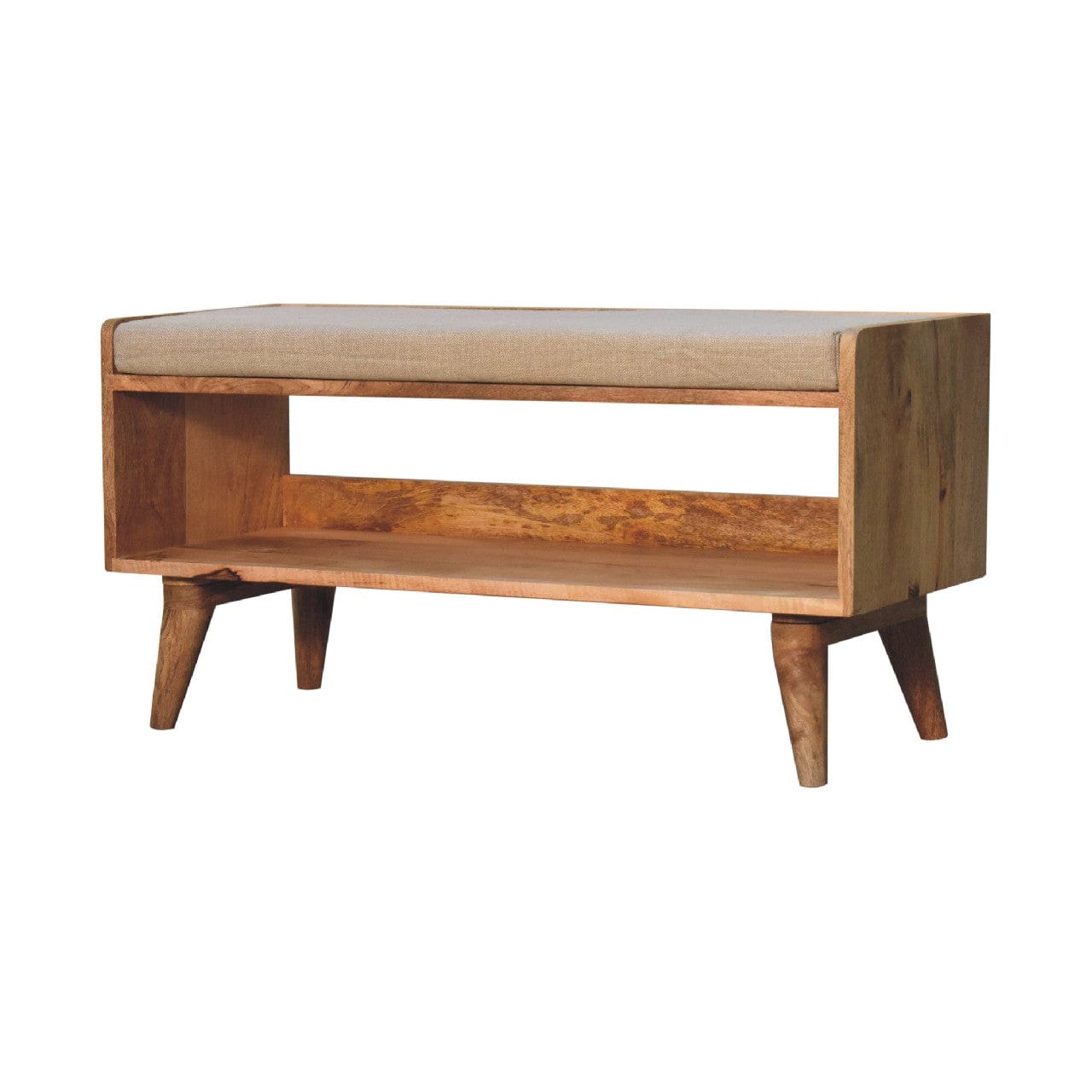 Oak-ish Nordic Storage Bench - Solid Mango Wood Seating Furniture for Entryway - product view 2 showing handcrafted solid...