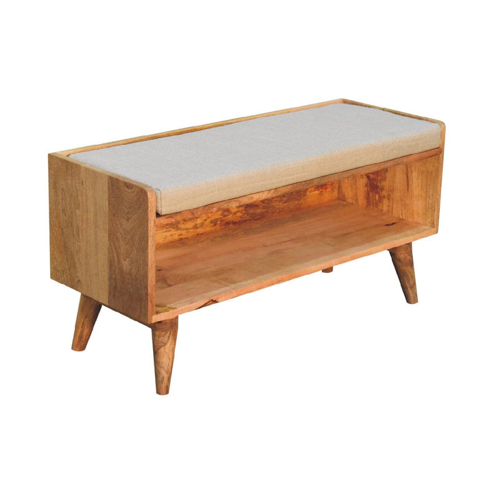Oak-ish Nordic Storage Bench - Solid Mango Wood Seating Furniture for Entryway - product view 4 showing handcrafted solid...