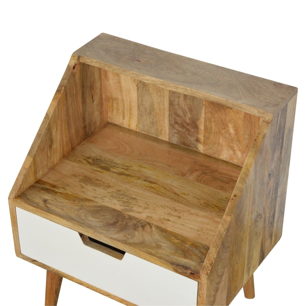 Oak-ish Painted Raised Nightstand - Solid Mango Wood Bedside Table for Bedroom - product view 4 showing handcrafted solid...