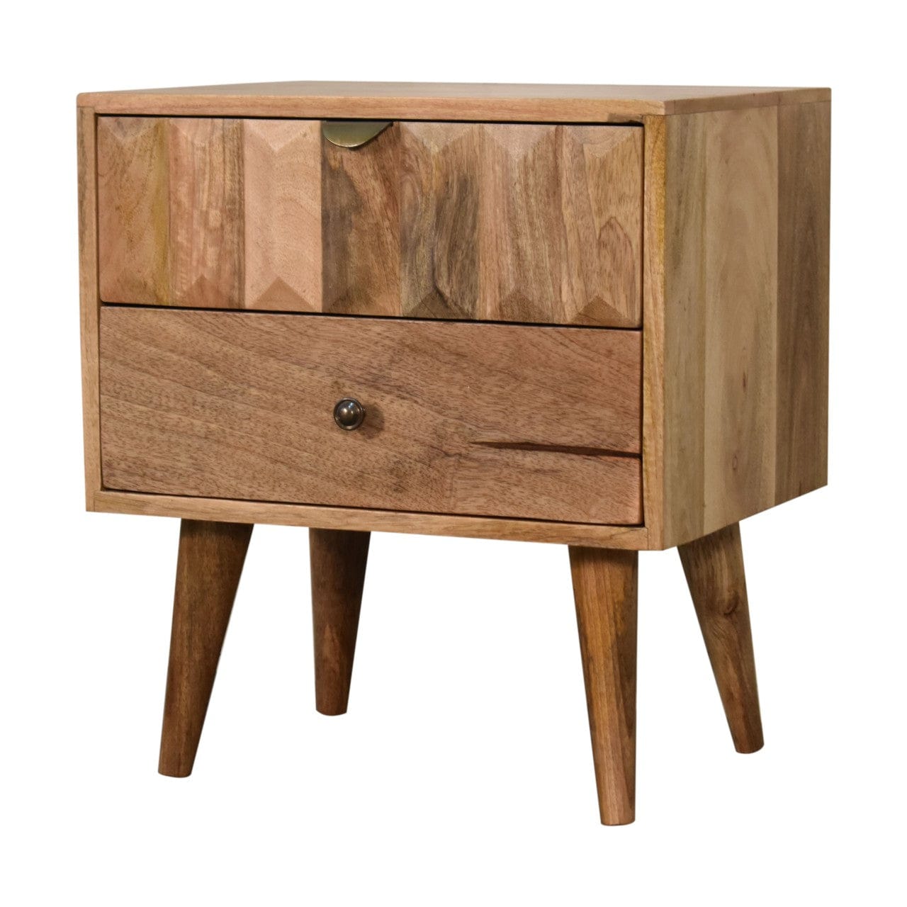 Oak-ish Prism Nightstand - Solid Mango Wood Bedside Table for Bedroom - product view 2 showing handcrafted solid mango...