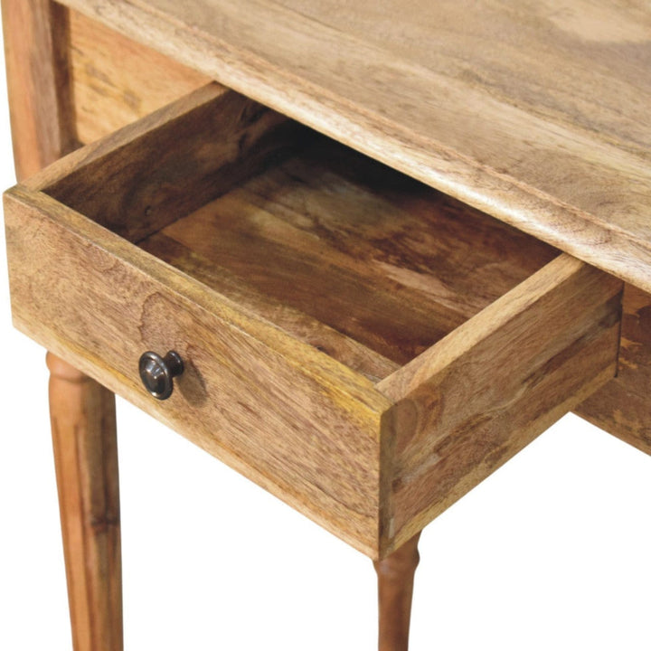 Oak-ish Turned Leg Writing Desk - Solid Mango Wood Desk for Home Office - product view 6 showing handcrafted solid mango...