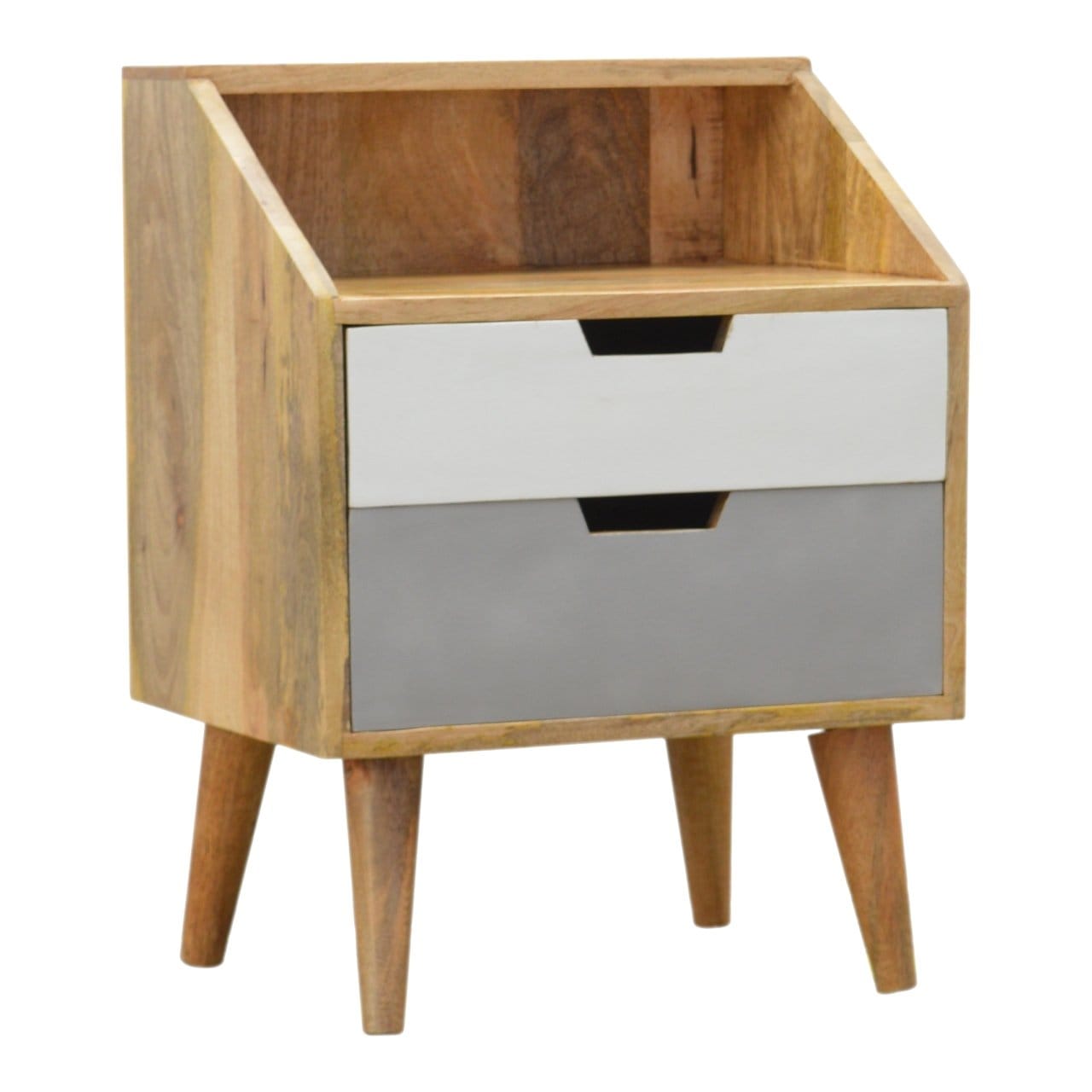 Oak-ish Raised Nightstand - Solid Mango Wood Bedside Table for Bedroom - product view 2 showing handcrafted solid mango...
