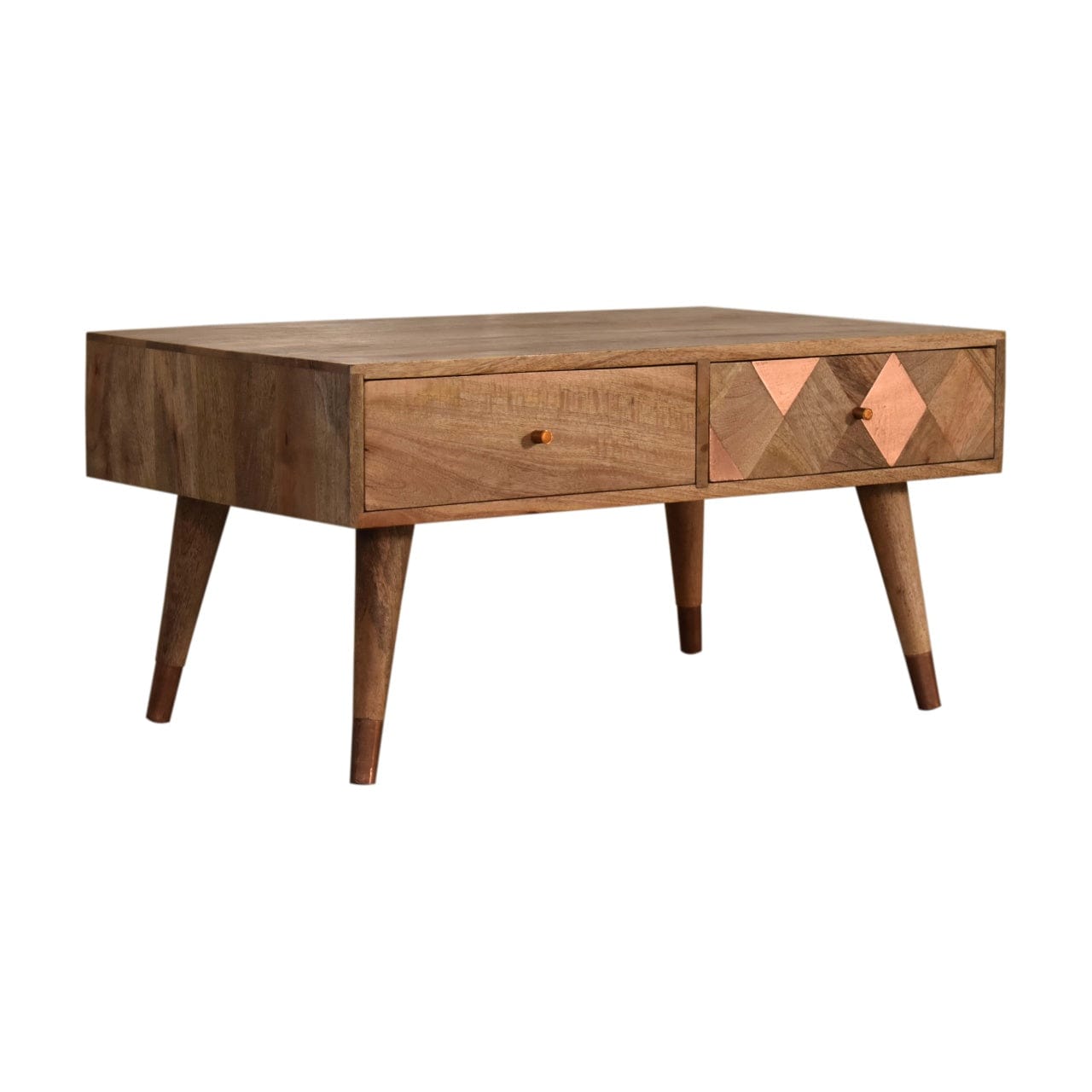 Oak-ish Copper Inlay Coffee Table - Solid Mango Wood Center Table for Living Room - main view showing handcrafted solid...