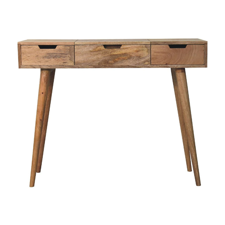 Oak-ish Dressing Table - Solid Mango Wood Vanity Table for Bedroom - product view 2 showing handcrafted solid mango wood desk