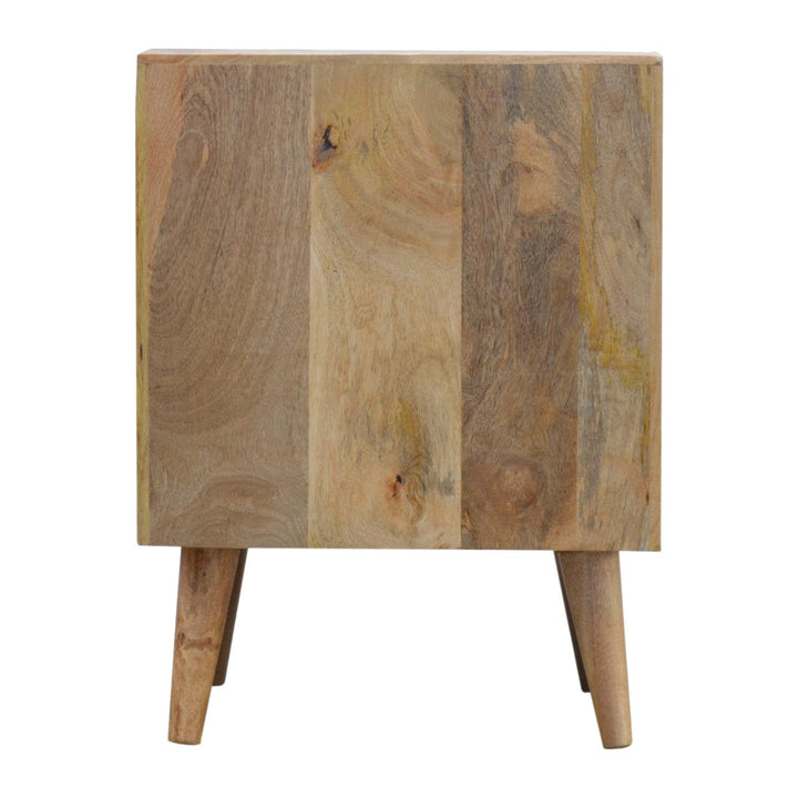 Oak-ish Raised Nightstand - Solid Mango Wood Bedside Table for Bedroom - product view 8 showing handcrafted solid mango...