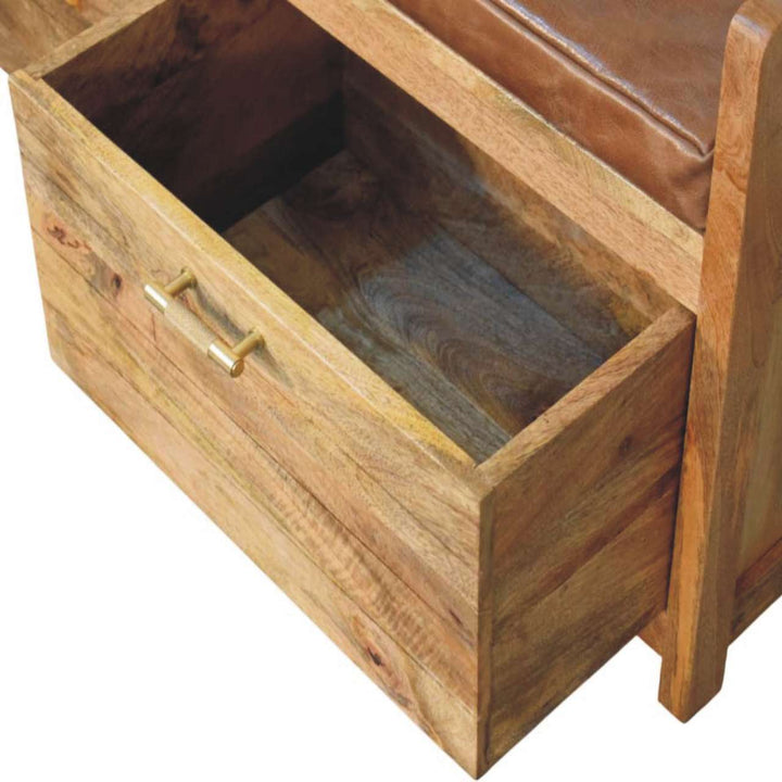 Oakish Storage Bench with Brown Leather Seat in Solid Mango Wood - product view 7 showing handcrafted solid mango wood bench