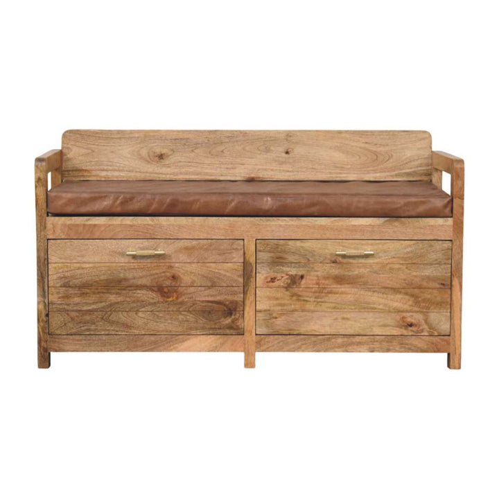 Oakish Storage Bench with Brown Leather Seat in Solid Mango Wood - main view showing handcrafted solid mango wood bench