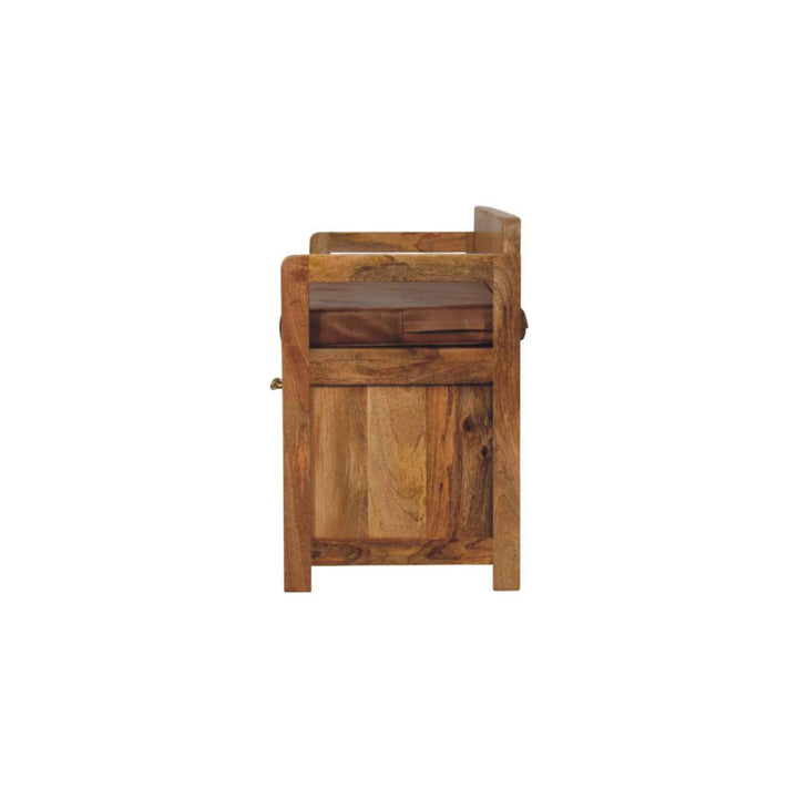 Oakish Storage Bench with Brown Leather Seat in Solid Mango Wood - product view 8 showing handcrafted solid mango wood bench