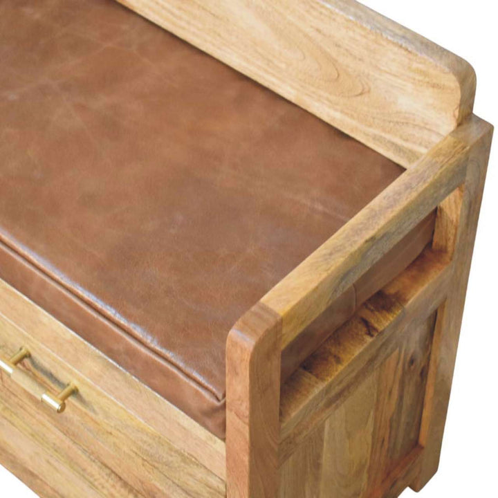 Oakish Storage Bench with Brown Leather Seat in Solid Mango Wood - product view 5 showing handcrafted solid mango wood bench