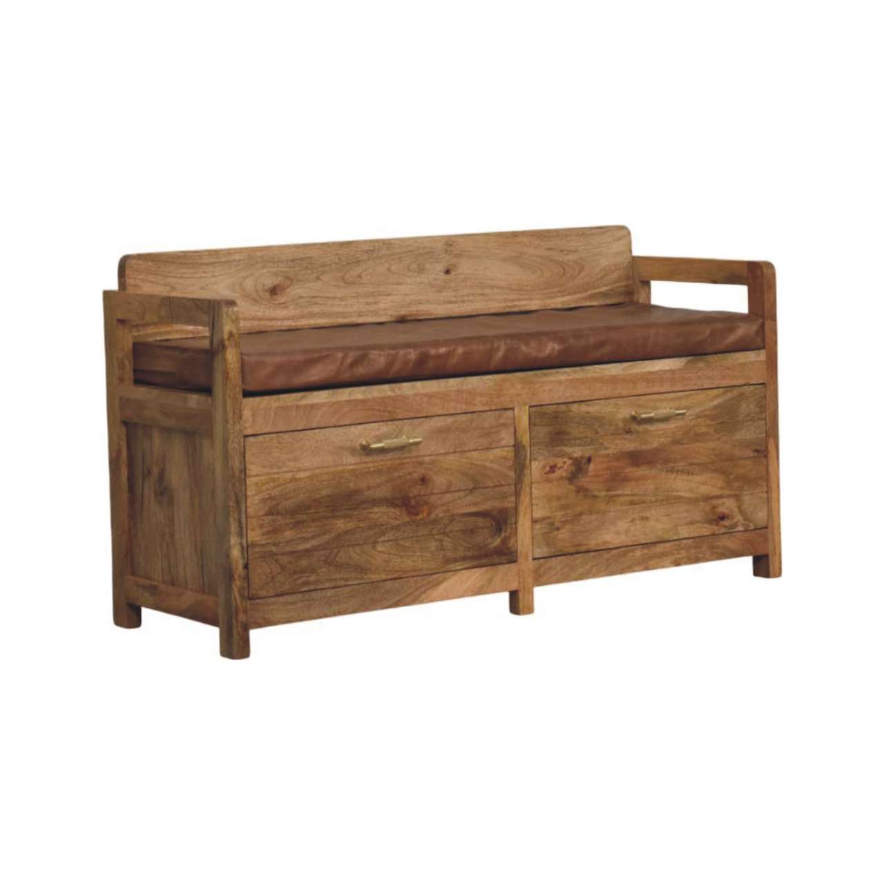 Oakish Storage Bench with Brown Leather Seat in Solid Mango Wood - product view 2 showing handcrafted solid mango wood bench