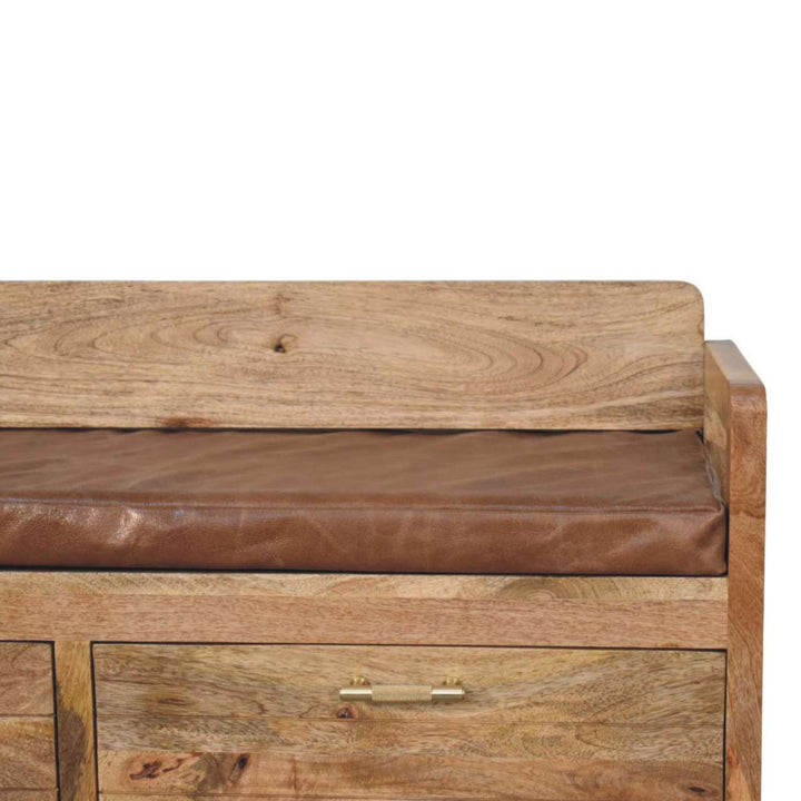 Oakish Storage Bench with Brown Leather Seat in Solid Mango Wood - product view 4 showing handcrafted solid mango wood bench