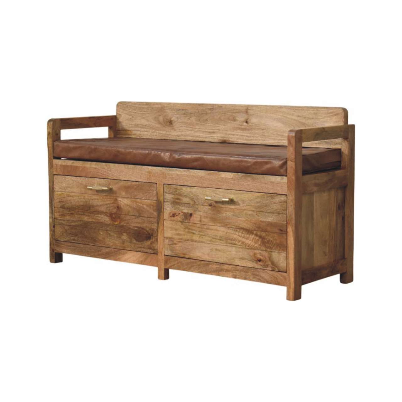 Oakish Storage Bench with Brown Leather Seat in Solid Mango Wood - product view 3 showing handcrafted solid mango wood bench