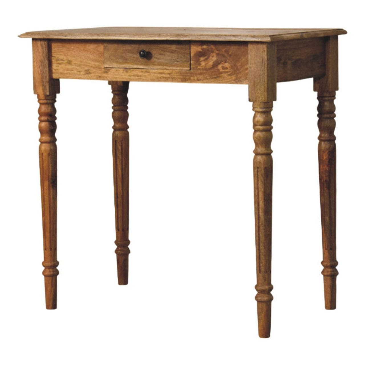 Oak-ish Turned Leg Writing Desk - Solid Mango Wood Desk for Home Office - product view 2 showing handcrafted solid mango...