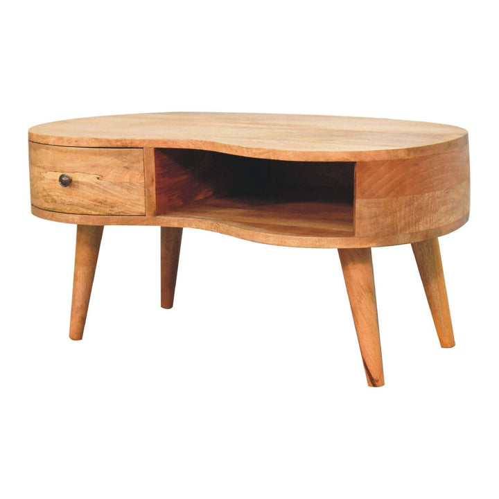Oak-ish Wave Coffee Table - Solid Mango Wood Center Table for Living Room - product view 3 showing handcrafted solid...