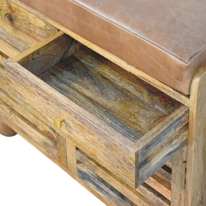 Oakridge Leather Oak-ish Shoe Cabinet - Solid Mango Wood Shoe Storage Bench with Seat - product view 6 showing...