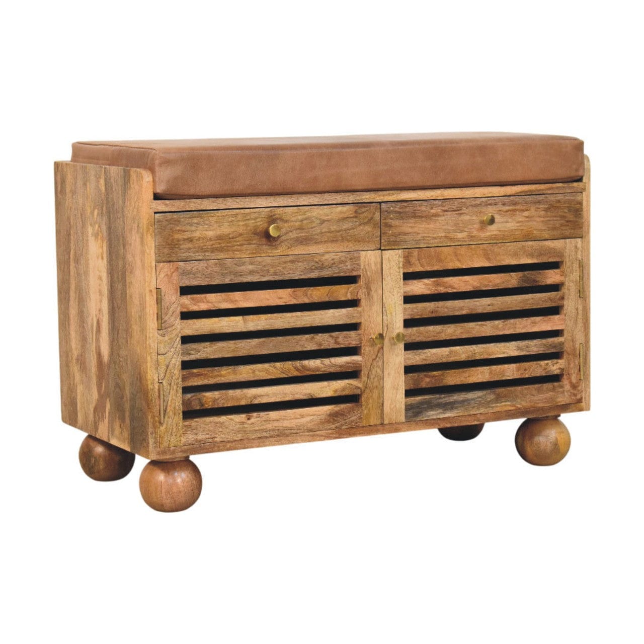 Oakridge Leather mango wood shoe cabinet with slatted doors and cushioned seat.