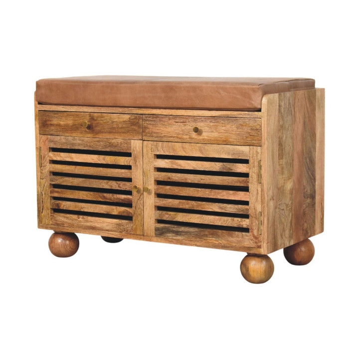 Oakridge Leather Oak-ish Shoe Cabinet - Solid Mango Wood Shoe Storage Bench with Seat - product view 3 showing...