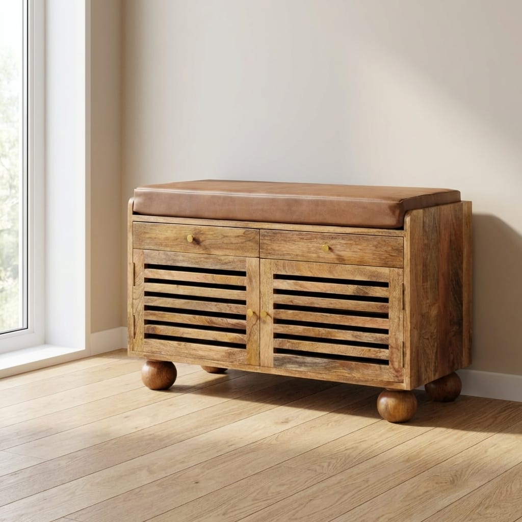 Oakridge Leather mango wood shoe cabinet with slatted doors and cushioned seat in a sunlit room.