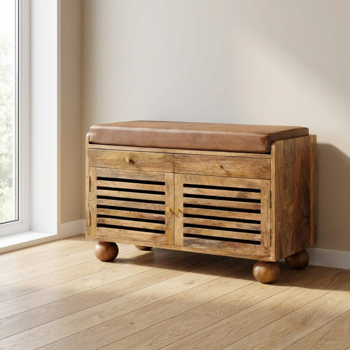 Oakridge Leather Oak-ish Shoe Cabinet - Solid Mango Wood Shoe Storage Bench with Seat - main view showing handcrafted...
