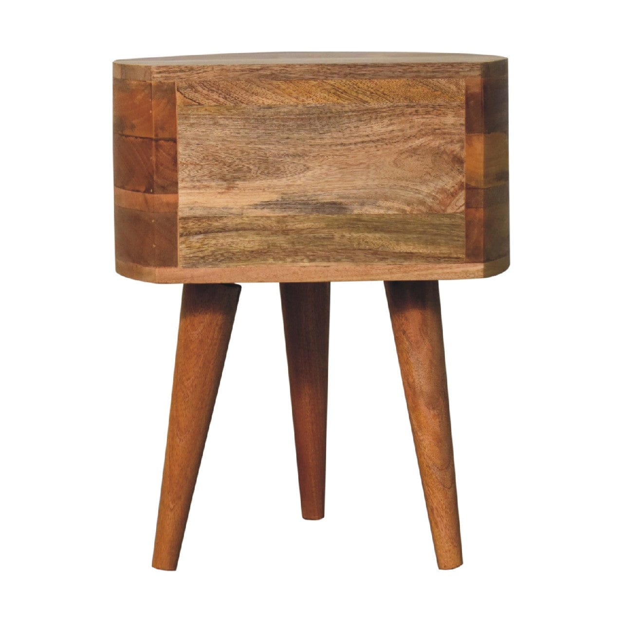 Odyssey Oak-ish Tripod Nightstand - Solid Mango Wood Bedside Table for Bedroom - product view 9 showing handcrafted solid...