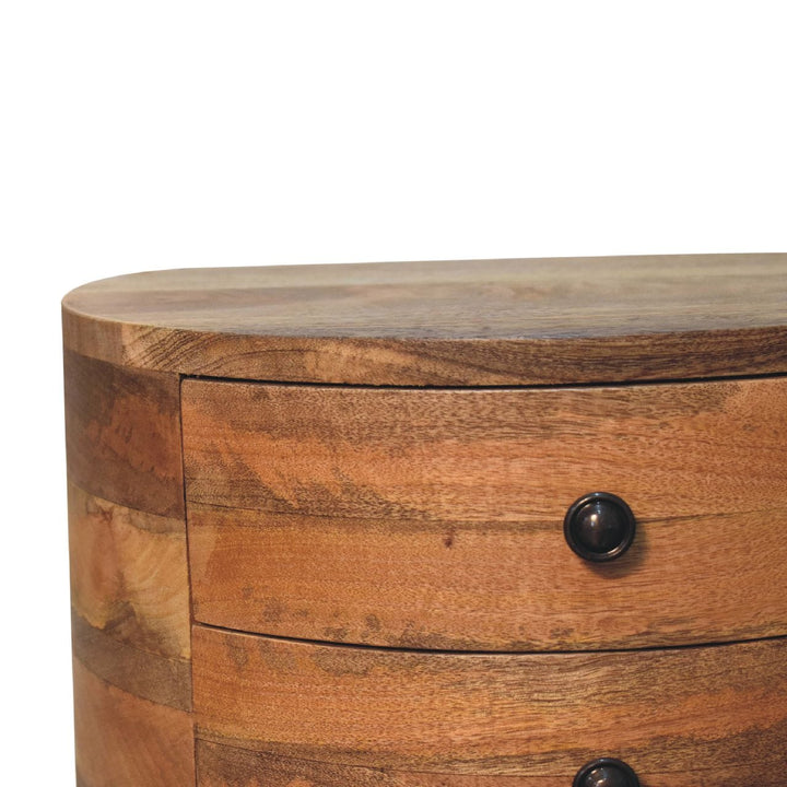 Odyssey Oak-ish Tripod Nightstand - Solid Mango Wood Bedside Table for Bedroom - product view 4 showing handcrafted solid...
