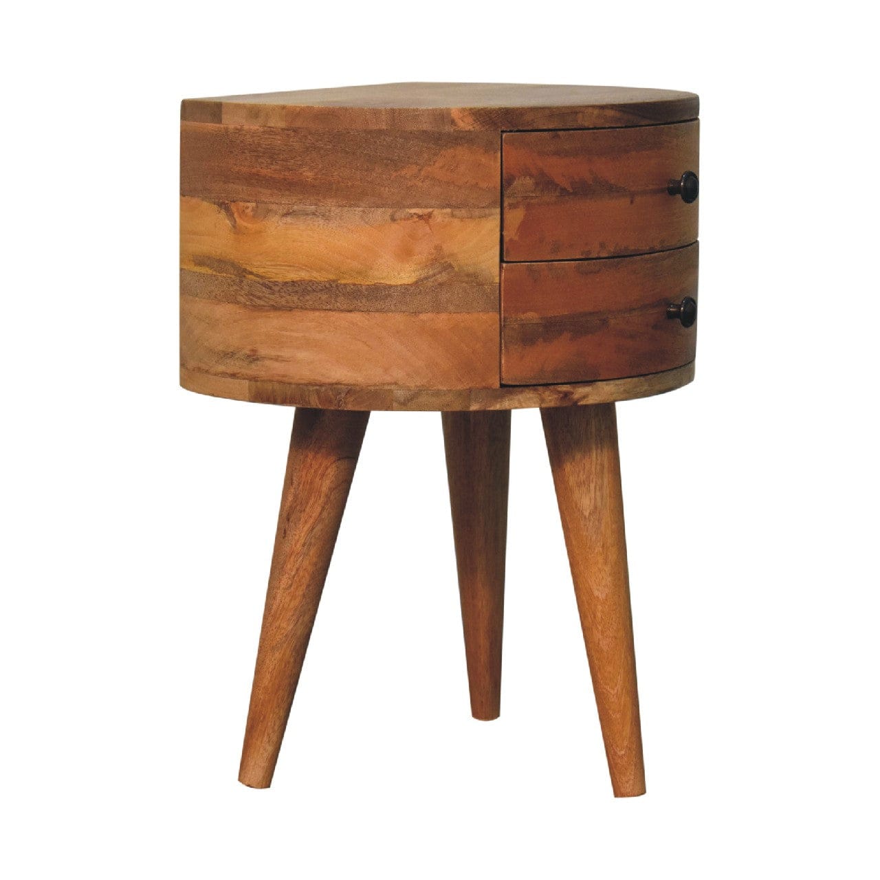 Odyssey Oak-ish Tripod Nightstand - Solid Mango Wood Bedside Table for Bedroom - product view 3 showing handcrafted solid...