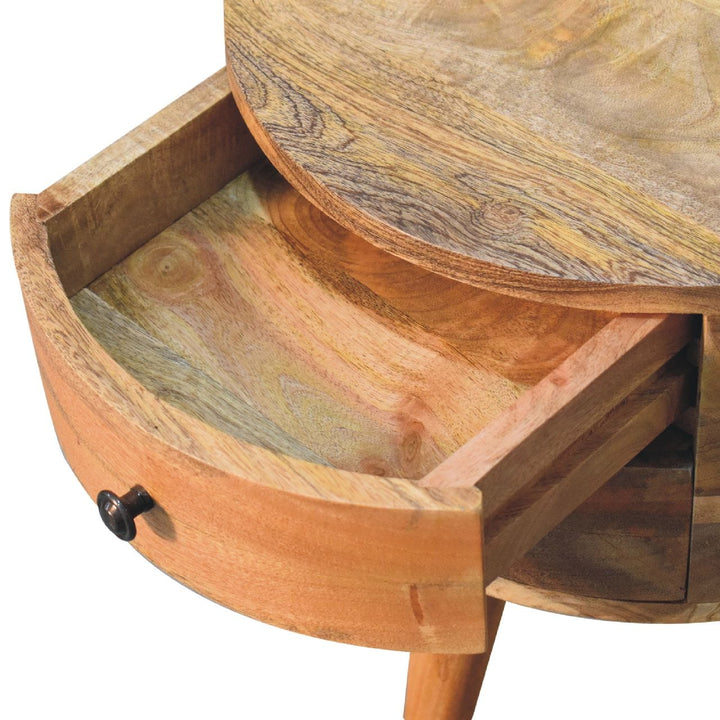 Odyssey Oak-ish Tripod Nightstand - Solid Mango Wood Bedside Table for Bedroom - product view 6 showing handcrafted solid...
