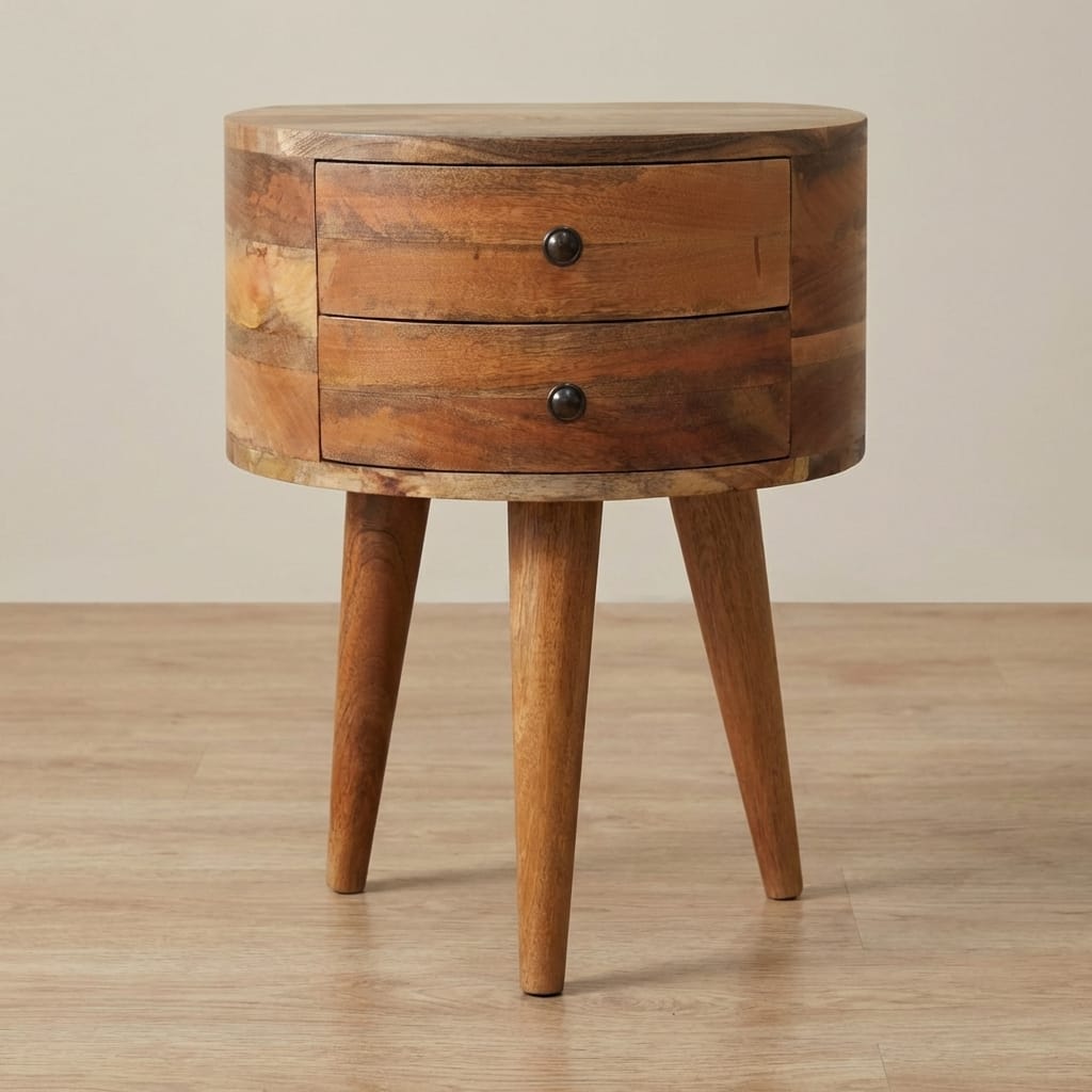 Odyssey Oak-ish Tripod Nightstand - Solid Mango Wood Bedside Table for Bedroom - main view showing handcrafted solid...
