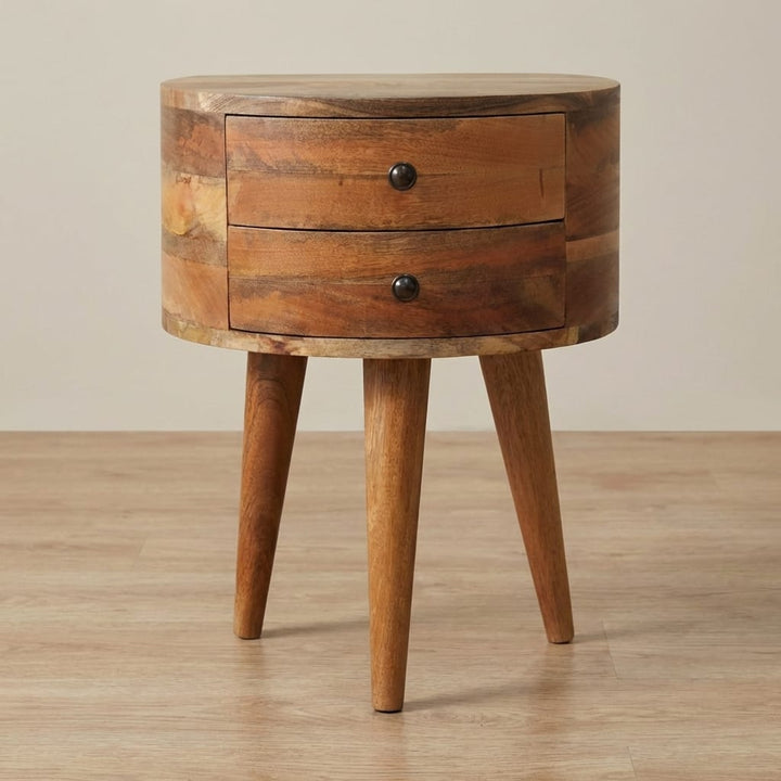 Odyssey Oak-ish Tripod Nightstand - Solid Mango Wood Bedside Table for Bedroom - main view showing handcrafted solid...