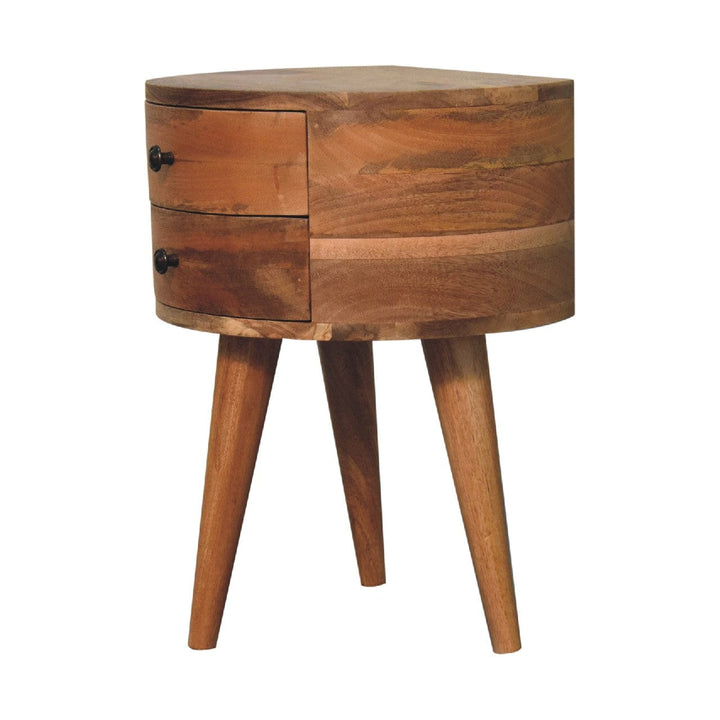 Odyssey Oak-ish Tripod Nightstand - Solid Mango Wood Bedside Table for Bedroom - product view 2 showing handcrafted solid...