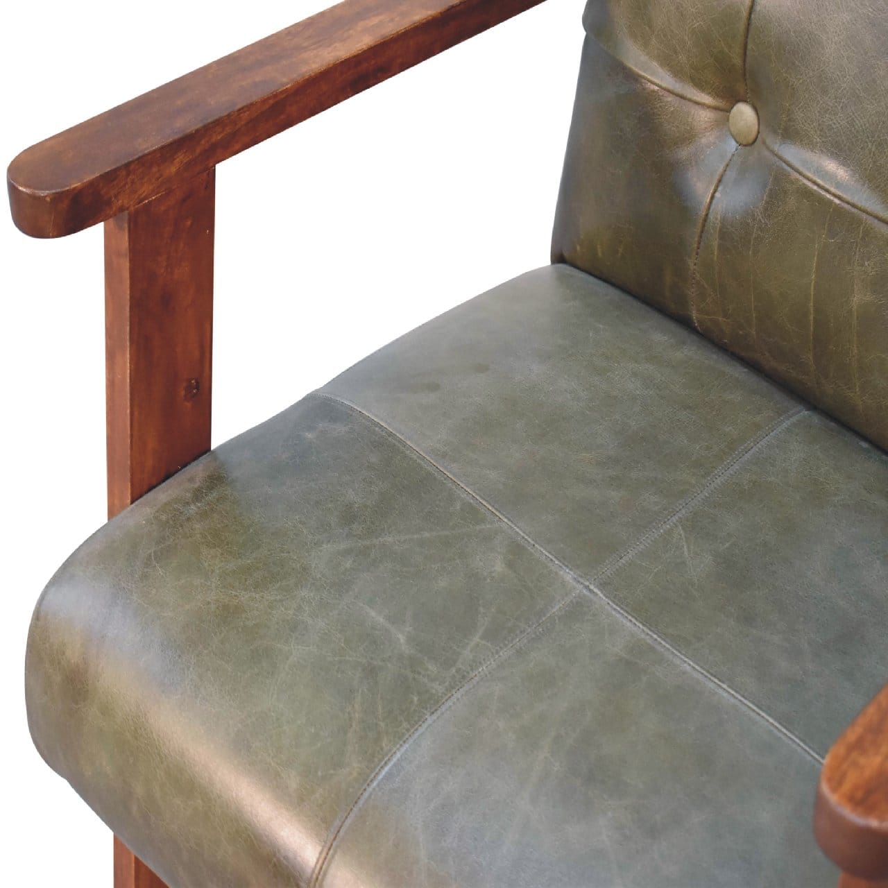 Olive Buffalo Leather Chair in Solid Mango Wood - product view 5 showing handcrafted solid mango wood chair