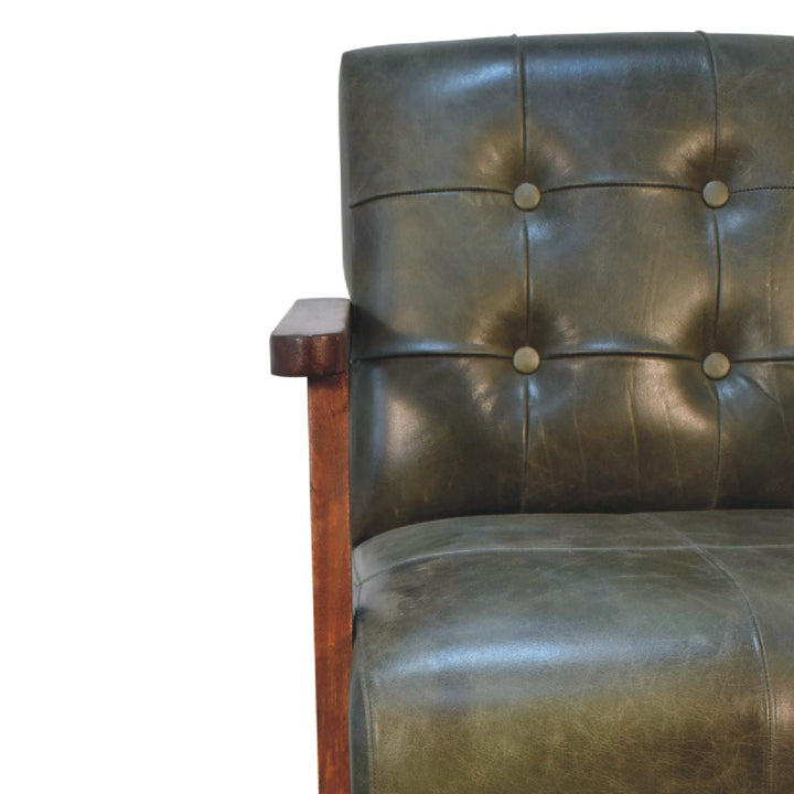 Olive Buffalo Leather Chair in Solid Mango Wood - product view 3 showing handcrafted solid mango wood chair
