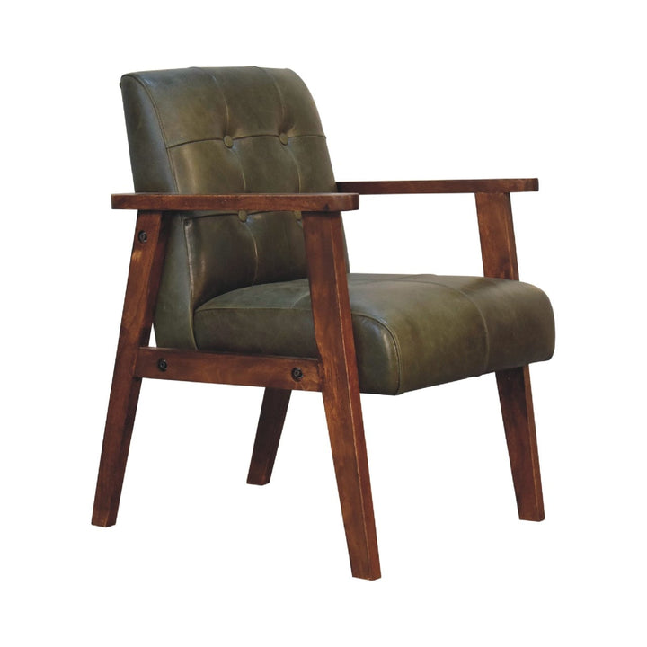 Olive Buffalo Leather Chair in Solid Mango Wood - product view 2 showing handcrafted solid mango wood chair