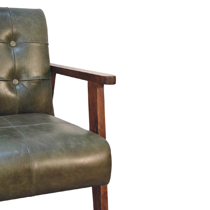 Olive Buffalo Leather Chair in Solid Mango Wood - product view 4 showing handcrafted solid mango wood chair