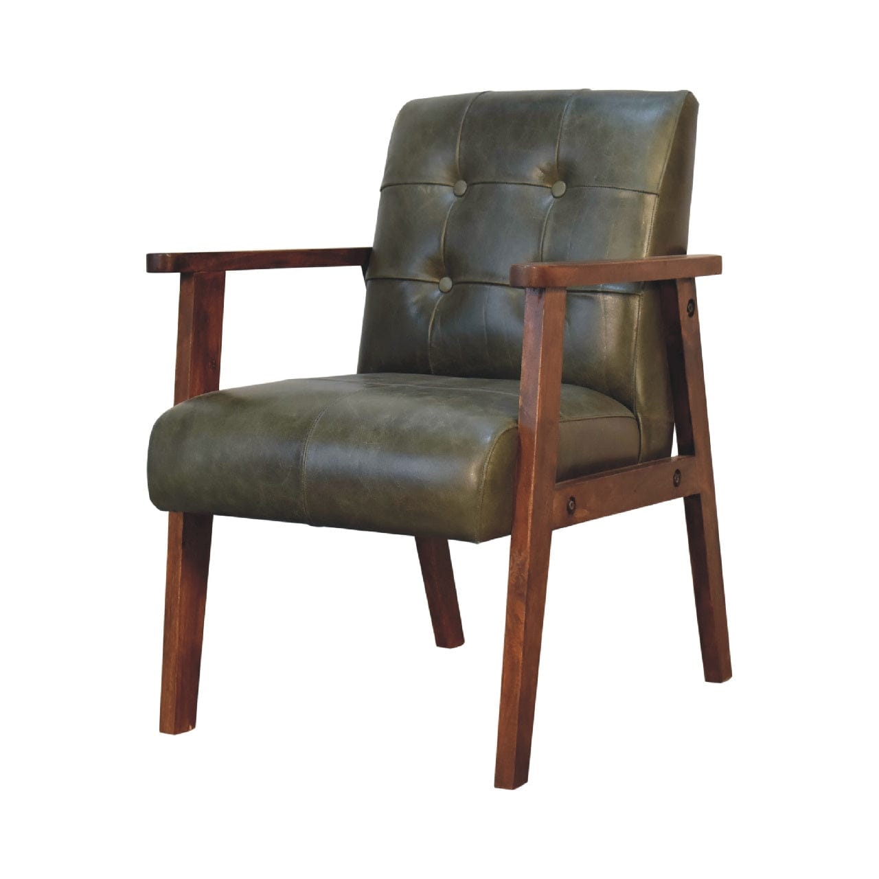 Olive Buffalo Leather Chair in Solid Mango Wood - main view showing handcrafted solid mango wood chair