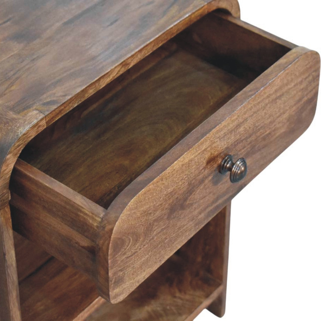 Roasted Almond Open Bedside Table in Solid Mango Wood - product view 5 showing handcrafted solid mango wood nightstand
