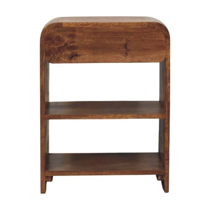 Roasted Almond Open Bedside Table in Solid Mango Wood - product view 8 showing handcrafted solid mango wood nightstand