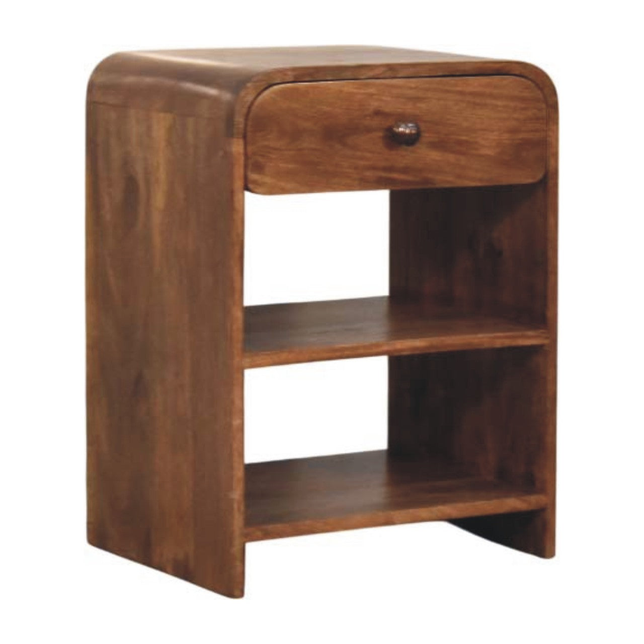 Roasted Almond Open Bedside Table in Solid Mango Wood - product view 2 showing handcrafted solid mango wood nightstand