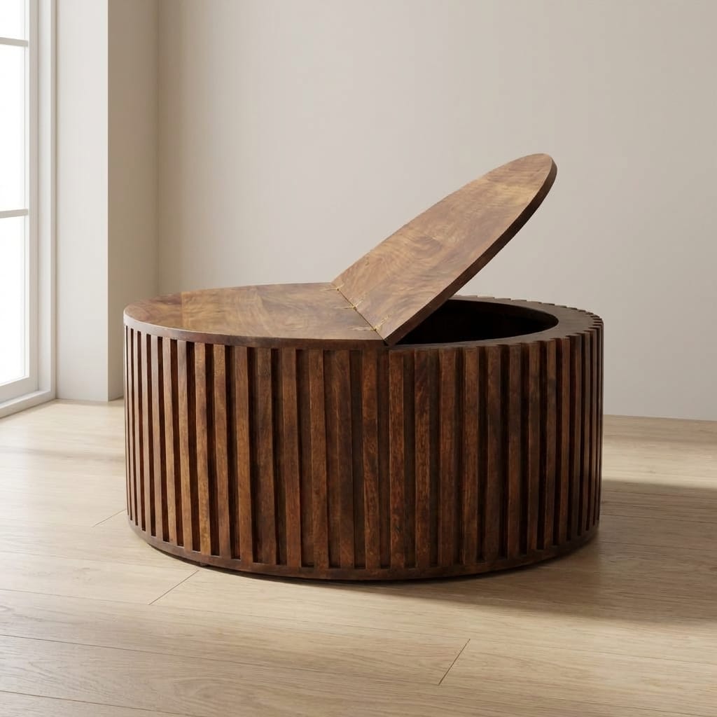 Orion Slatted Coffee Table - Solid Mango Wood Center Table for Living Room - main view showing handcrafted solid mango...