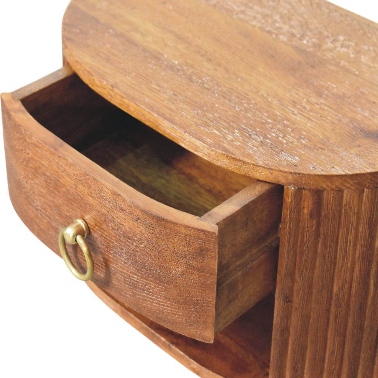 Oval Wall-Mounted Nightstand with Drawer - Solid Mango Wood Floating Bedside Table - product view 6 showing handcrafted...