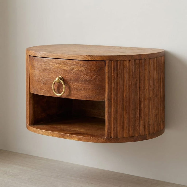 Oval Wall-Mounted Nightstand with Drawer - Solid Mango Wood Floating Bedside Table - main view showing handcrafted solid...