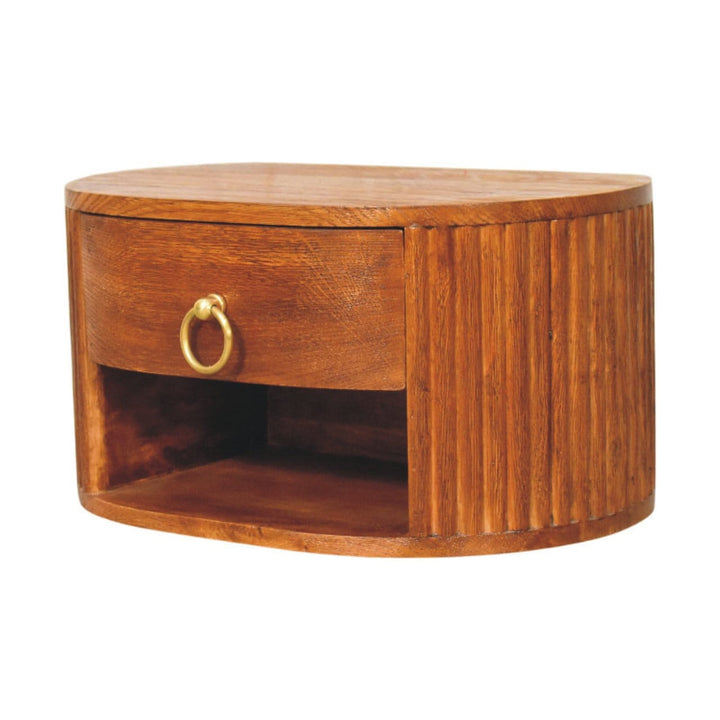 Oval Wall-Mounted Nightstand with Drawer - Solid Mango Wood Floating Bedside Table - product view 2 showing handcrafted...