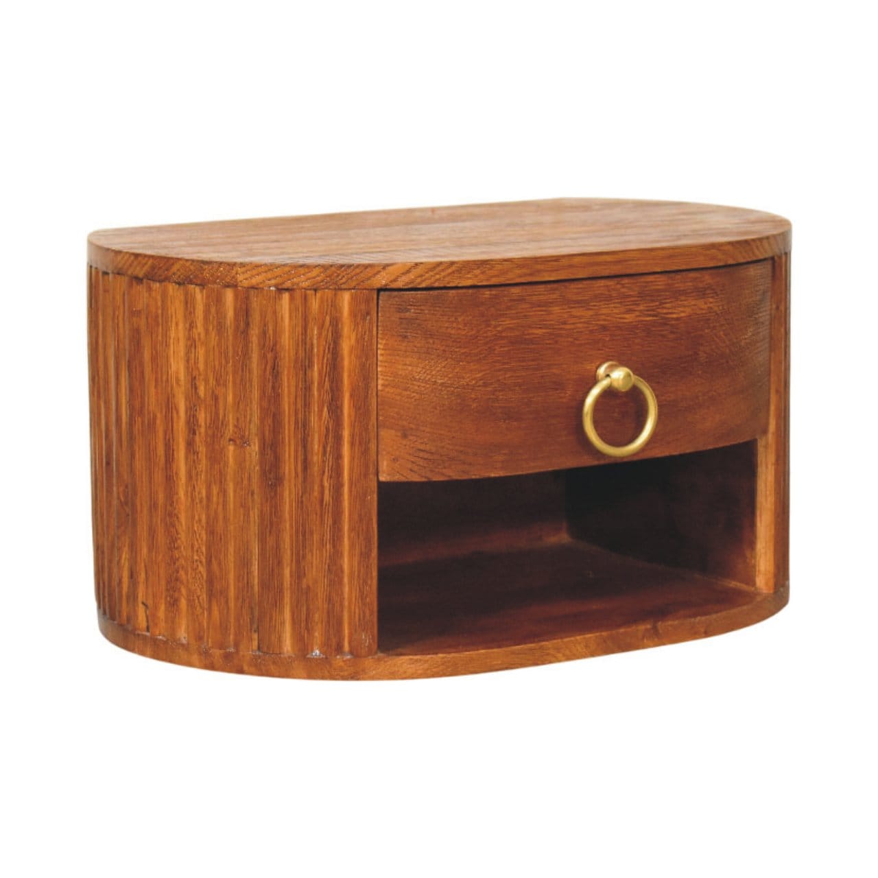 Oval Wall-Mounted Nightstand with Drawer - Solid Mango Wood Floating Bedside Table - product view 3 showing handcrafted...