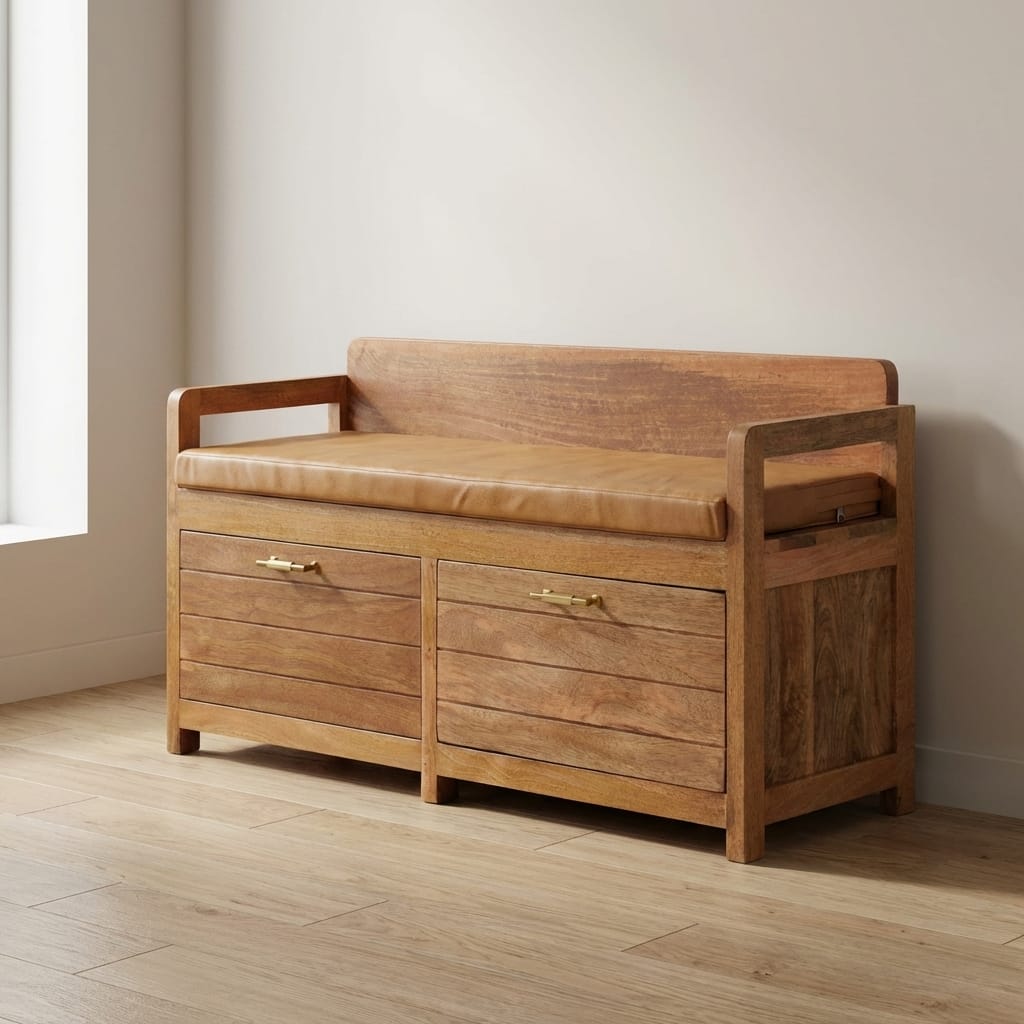 Oxford Oak-ish 2 Drawer Storage Bench - Solid Mango Wood Seating Furniture for Entryway - main view showing handcrafted...