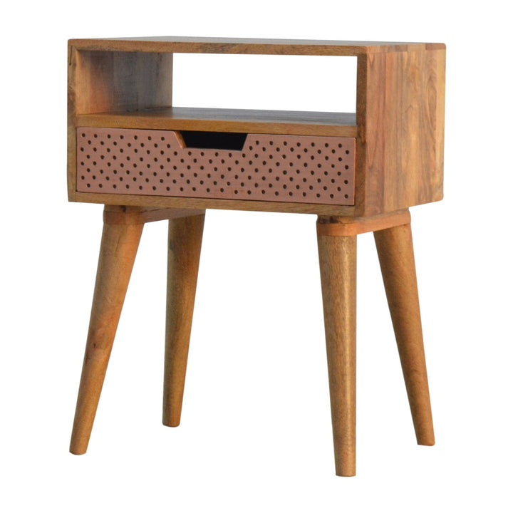 Perforated Copper Nightstand - Solid Mango Wood Bedside Table for Bedroom - product view 2 showing handcrafted solid...