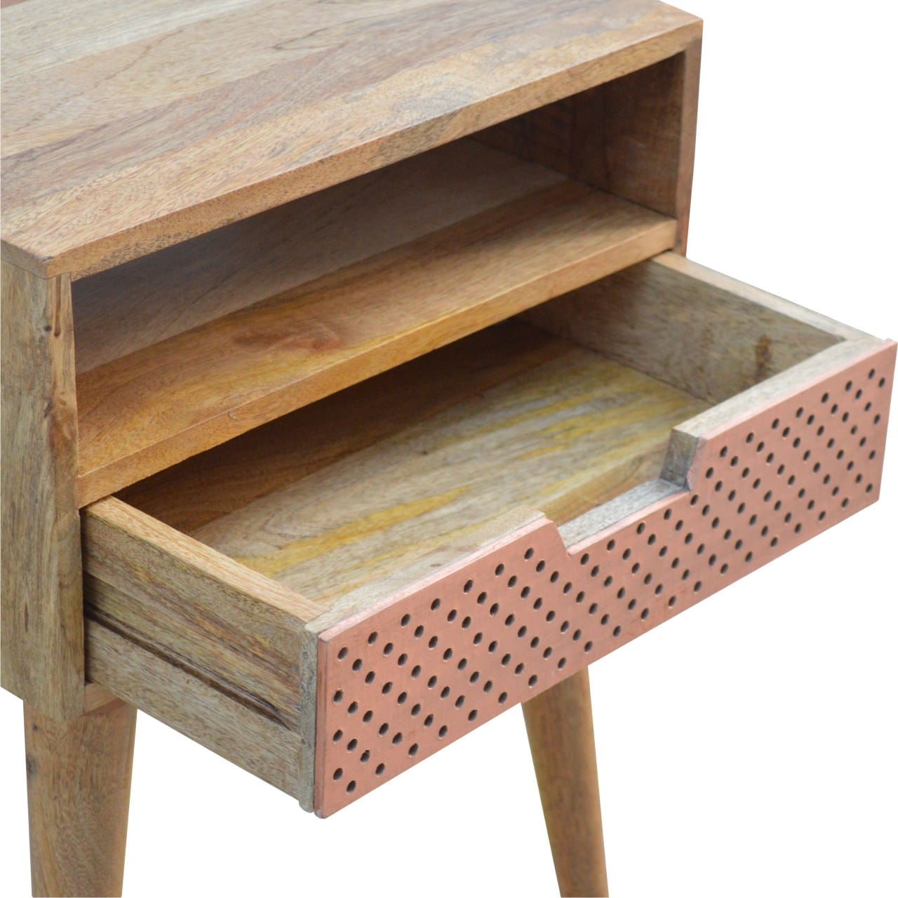 Perforated Copper Nightstand - Solid Mango Wood Bedside Table for Bedroom - product view 6 showing handcrafted solid...