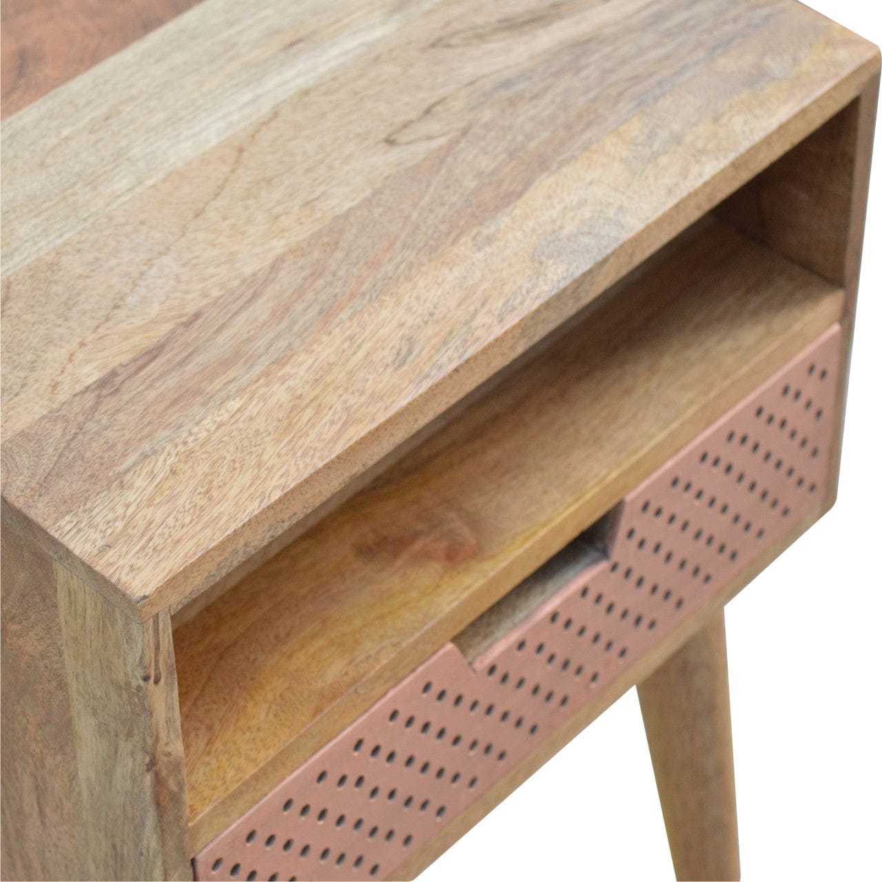Perforated Copper Nightstand - Solid Mango Wood Bedside Table for Bedroom - product view 5 showing handcrafted solid...