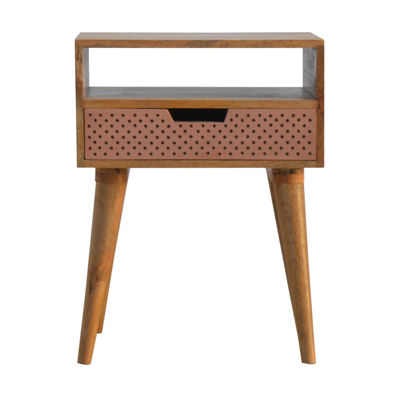Perforated Copper Nightstand - Solid Mango Wood Bedside Table for Bedroom - main view showing handcrafted solid mango...