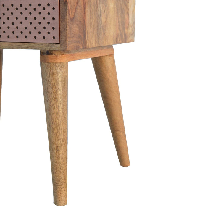 Perforated Copper Nightstand - Solid Mango Wood Bedside Table for Bedroom - product view 7 showing handcrafted solid...