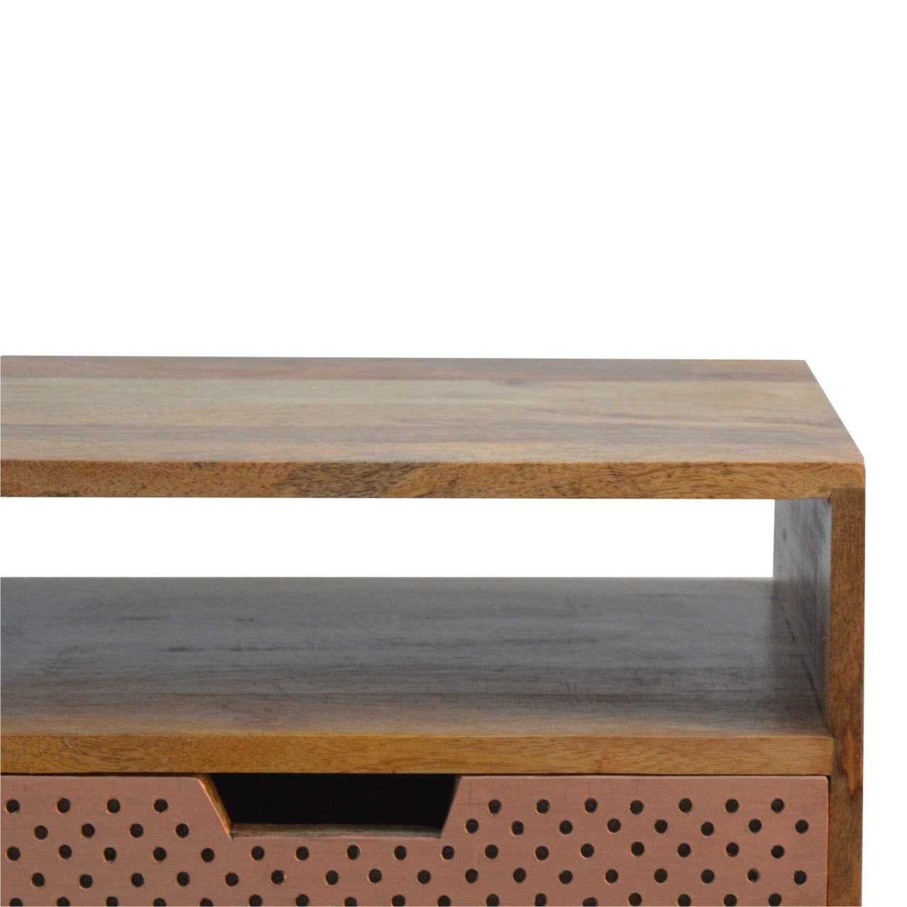 Perforated Copper Nightstand - Solid Mango Wood Bedside Table for Bedroom - product view 4 showing handcrafted solid...